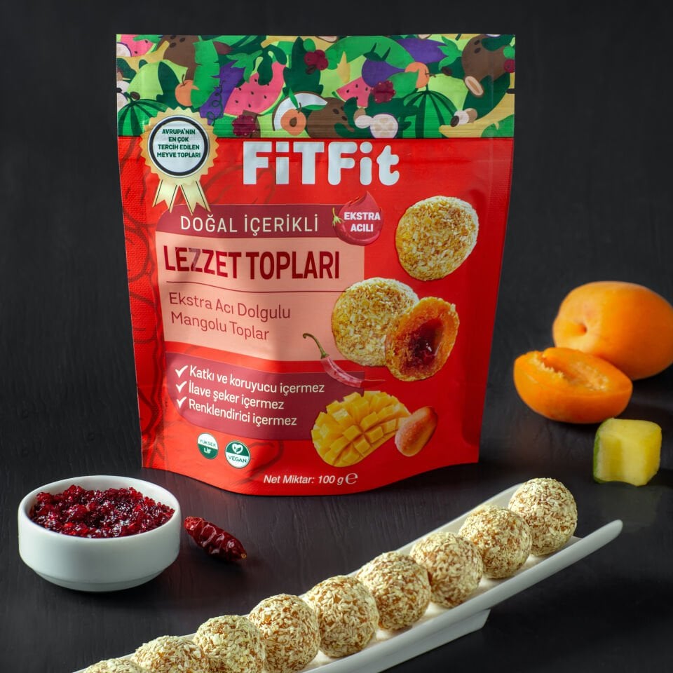 FiTFit Doğal İçerikli Lezzet Topları | Ekstra Acı Dolgulu Mangolu Hurma Meyve Topları 100 gr X 5 ADET