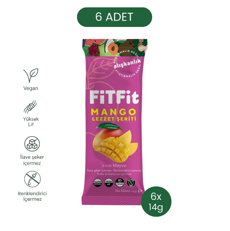 FiTFit Mango Lezzet Şeriti | Doğal Meyve Pestili Şekersiz Sağlıklı Atıştırmalık 14 gr x 6 ADET