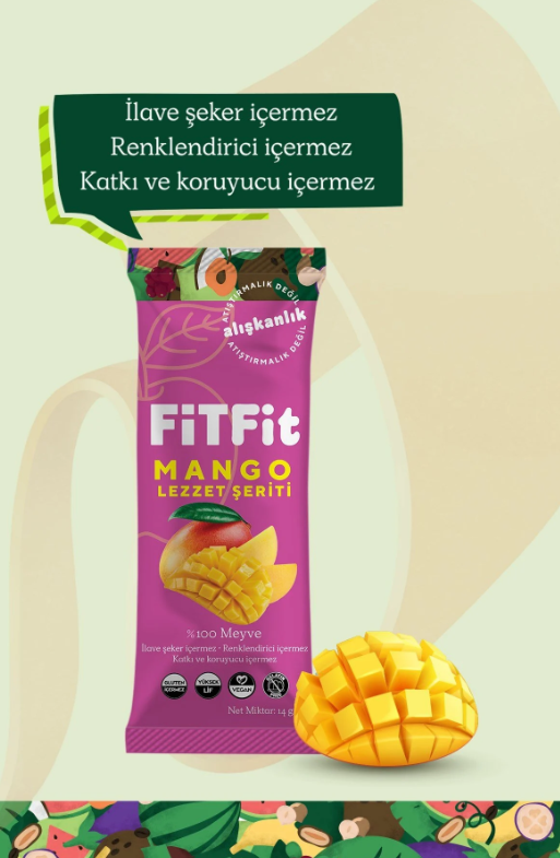 FiTFit Mango Lezzet Şeriti | Doğal Meyve Pestili Şekersiz Sağlıklı Atıştırmalık 14 gr x 6 ADET