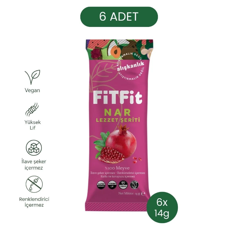 FiTFit Nar Lezzet Şeriti | Doğal Meyve Pestili Şekersiz Sağlıklı Atıştırmalık 14 gr x 6 ADET
