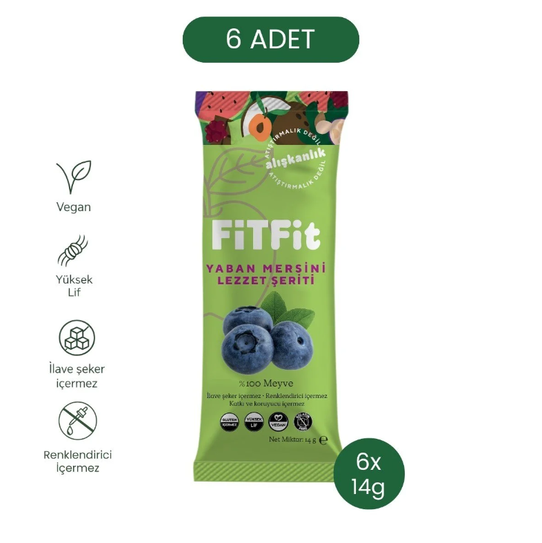 FiTFit Yaban Mersini Lezzet Şeriti | Doğal Meyve Pestili Şekersiz Sağlıklı Atıştırmalık 14 gr x 6 ADET
