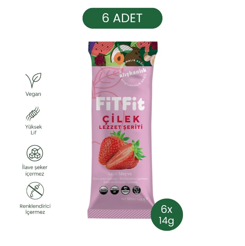 FiTFit Çilek Lezzet Şeriti | Doğal Meyve Pestili Şekersiz Sağlıklı Atıştırmalık 14 gr x 6 ADET