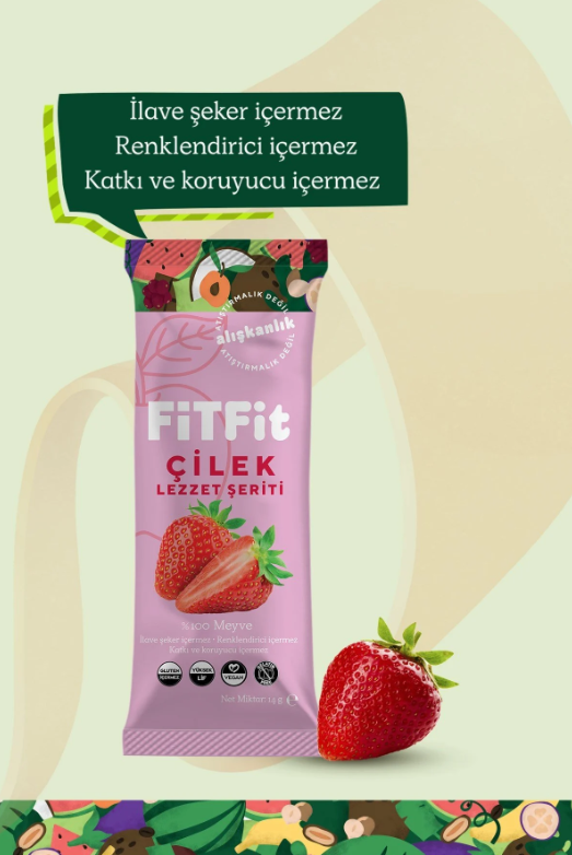 FiTFit Çilek Lezzet Şeriti | Doğal Meyve Pestili Şekersiz Sağlıklı Atıştırmalık 14 gr x 6 ADET