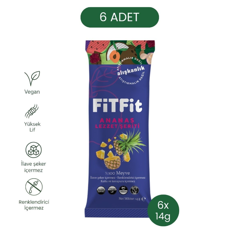 FitFit Ananas Meyve Pestili Glutensiz ve Doğal Meyve Atıştırmalığı 14 gr X 6 ADET