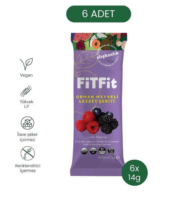 FitFit Orman Meyveli Pestil Glutensiz ve Doğal Meyve Atıştırmalığı 14 GR X 6 ADET