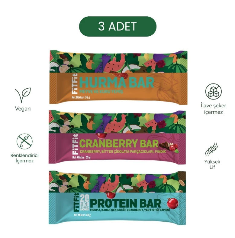 FitFit Meyve & Kuruyemiş Bar 3’lü Deneme Paketi | Hurma Bar – Protein Bar – Cranberry Bar