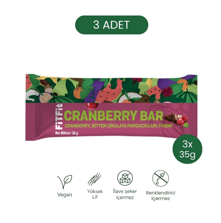 Cranberry Bar | Bitter Çikolatalı Fındıklı, İlave Şekersiz Atıştırmalık 35 gr x 3 ADET