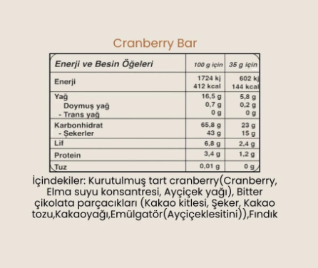 Cranberry Bar | Bitter Çikolatalı Fındıklı, İlave Şekersiz Atıştırmalık 35 gr x 3 ADET