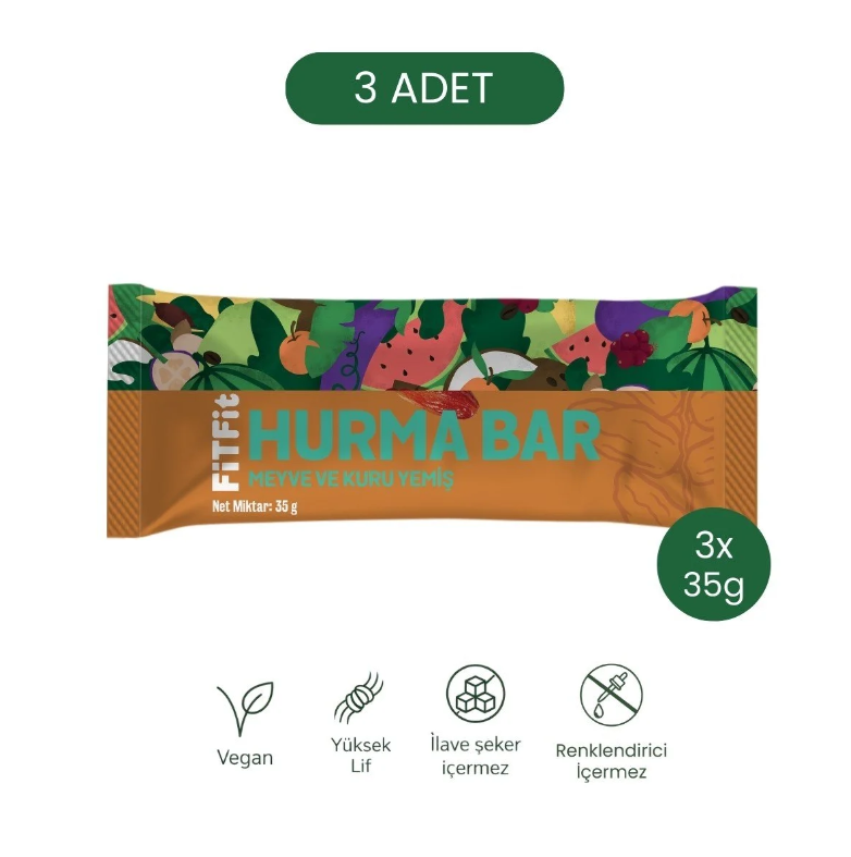 FitFit Fındık Badem ve Hurmalı Meyve Barı, Doğal Atıştırmalık 35 gr X 3 ADET