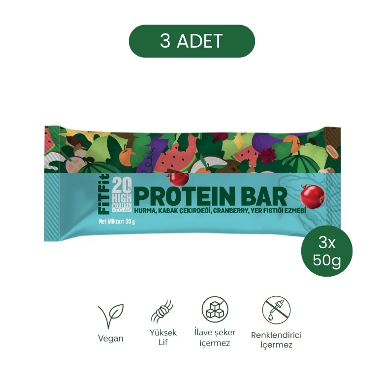 FitFit Protein Bar Yüksek Proteinli, Doğal Atıştırmalık 50 gr X 3 ADET