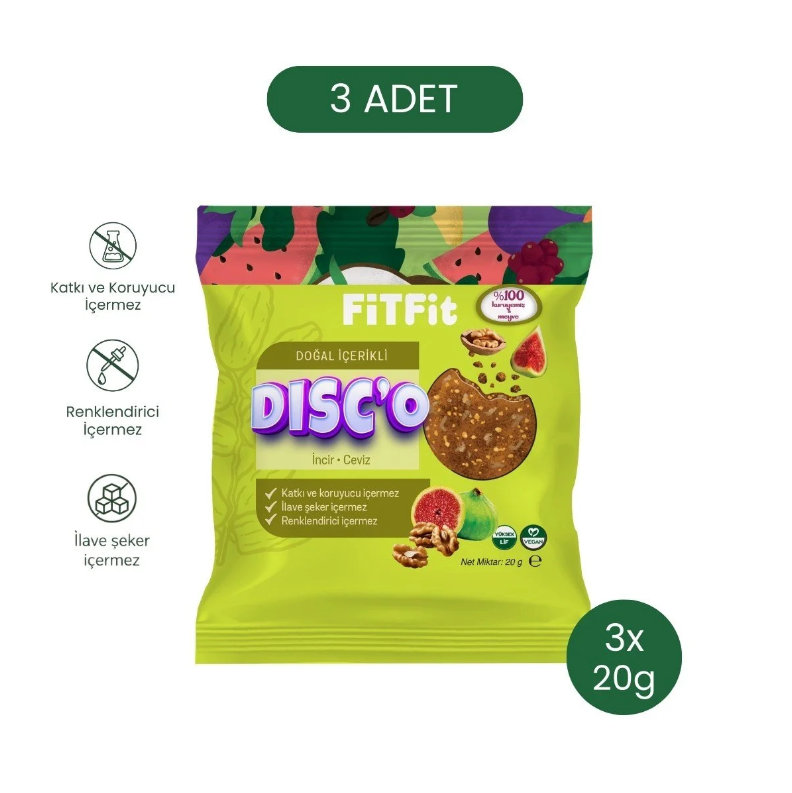FiTFit Disc’o İncir Ceviz | %100 Doğal Meyve & Kuruyemiş | İlave Şekersiz Atıştırmalık 20 gr x 3 ADET