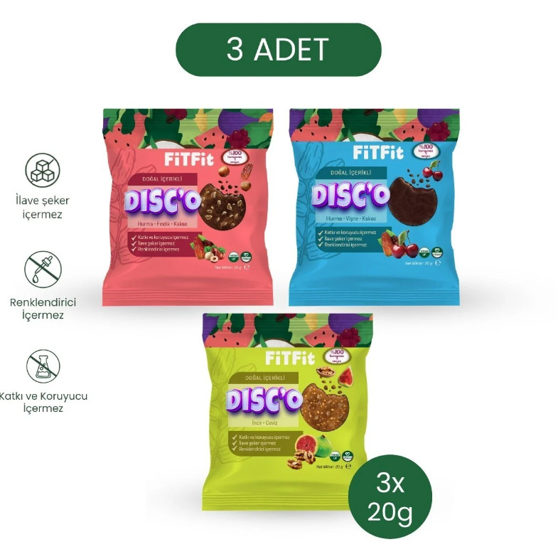 FiTFit Disc’o Mix Paket Meyve Diski 3’lü | Doğal, Rafine Şekersiz ve Katkısız Atıştırmalık 20 gr x 3 ADET