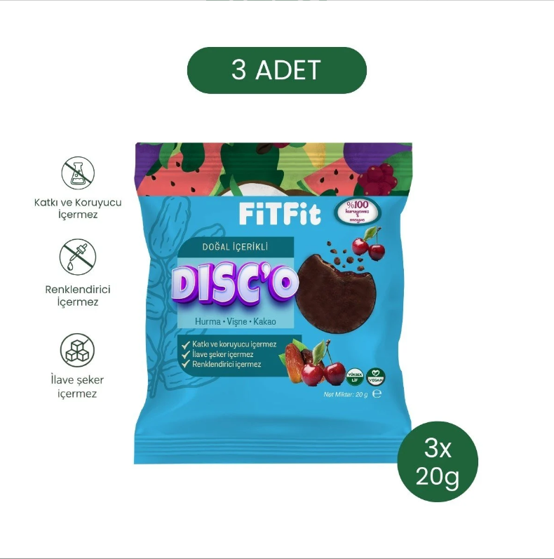 FitFit Disc'o Hurma Vişne Kakao Meyve Diski, Doğal Atıştırmalık 20 gr X 3 ADET